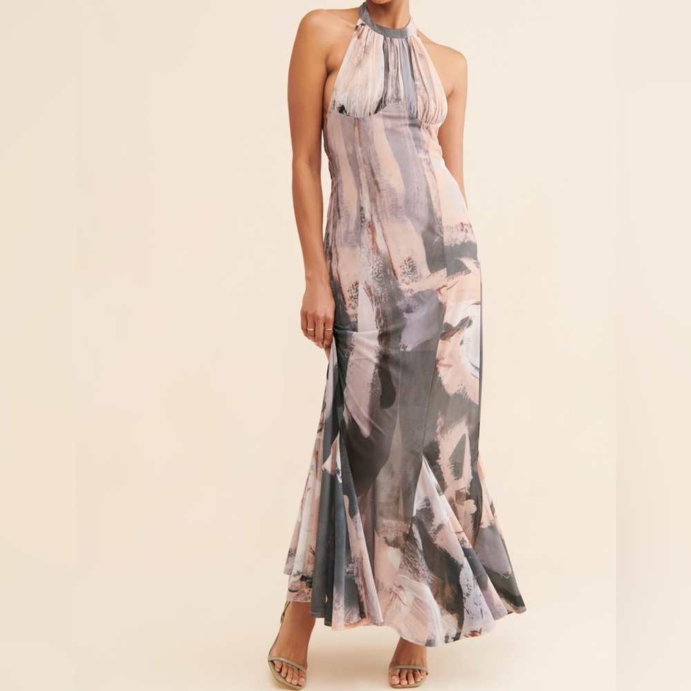 Free People NWT Womens Maxi Dress Medium Let Me Be Halter Open Back Grey Pink